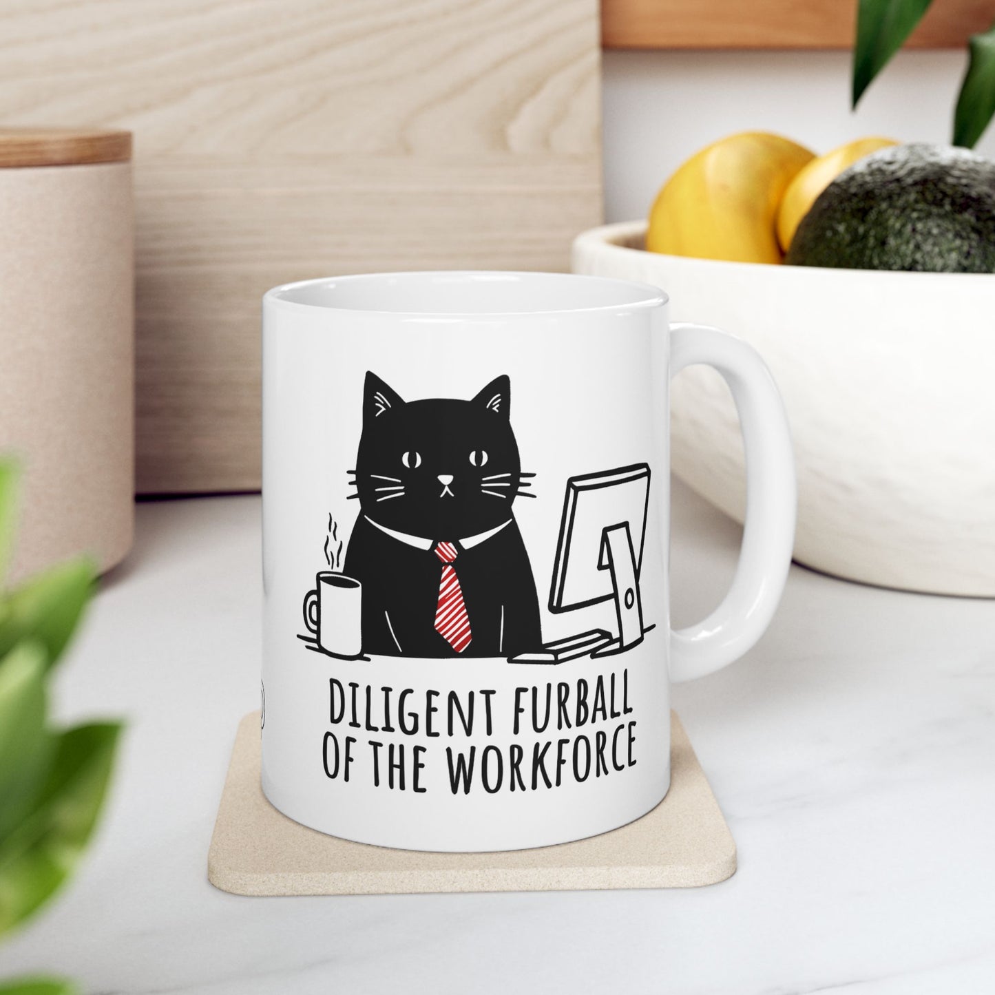 Diligent Furball of the Workforce Motivational Cat Coffee Mug (11oz)